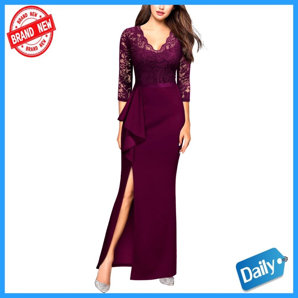 Vintage Floral Lace Ruffle Evening Formal Long Dress Elegant Fishtail Style